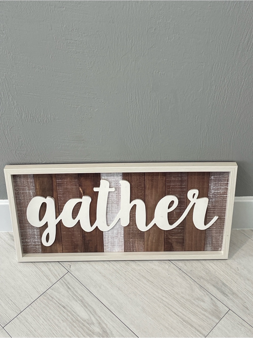 Gather Wood Wall Sign in White and Brown - Rustic Home Wall Decor